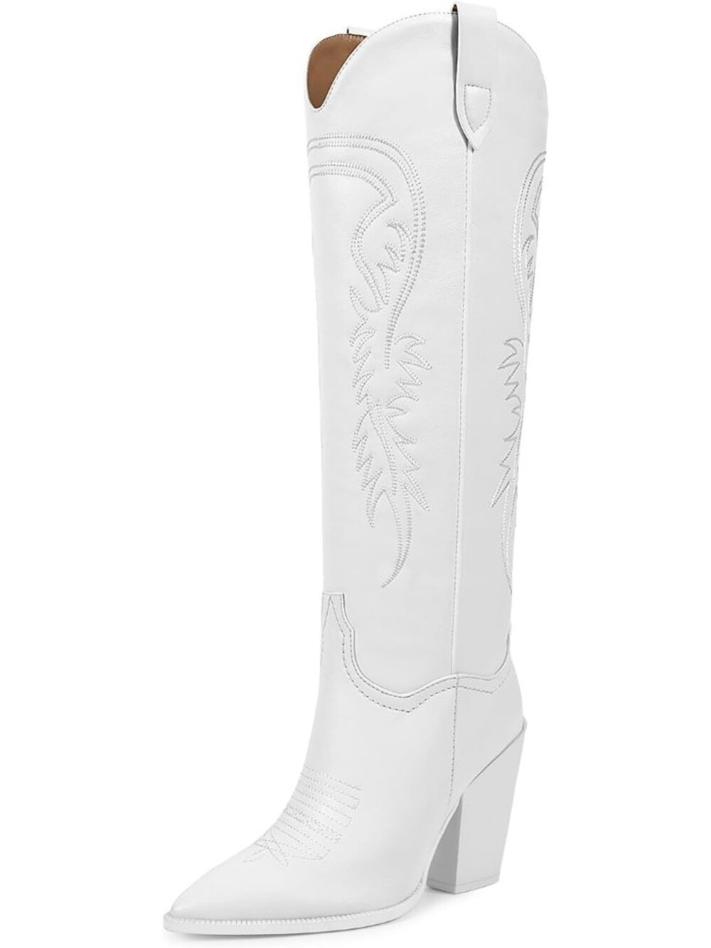 Women's White Faux Leather Chunky Heel Side Zipper Pointed Toe Cowgirl Boots